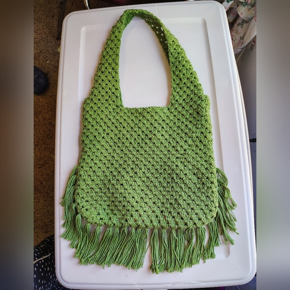 NWOT Handmade Tote Shoulder Bag Boho Chic Crochet Olive Green, Lightweight. - Picture 13 of 16